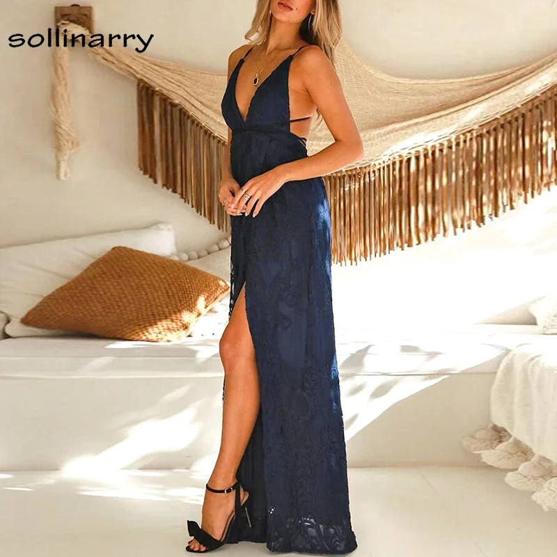 Sollinarry сетки Femme Платье макси с открытой спиной Кружева Красный пикантные