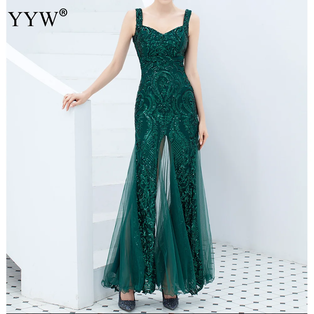 green Green Sequined Summer Long Party Dress Spaghetti Strap Sexy Evening Gowns Women Sequin Mesh Patchwork Elegant Club Dresses - Цвет: green