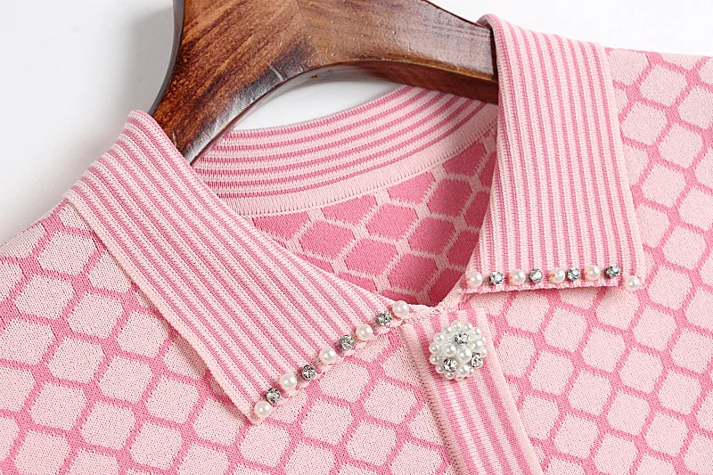 

2019 Vintage Plaid Pink Black Women Mini Dress Runway Designer Summer Turn Down Collar Dress Casual Knitted Vestidos Verano