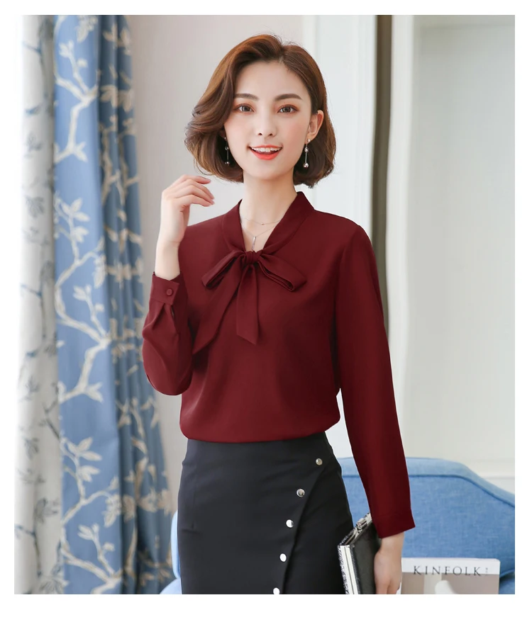 Spring Autumn women Basic style casual Full-sleeve shirts solid Bow V-neck large size loose blouse office lady chiffon tops