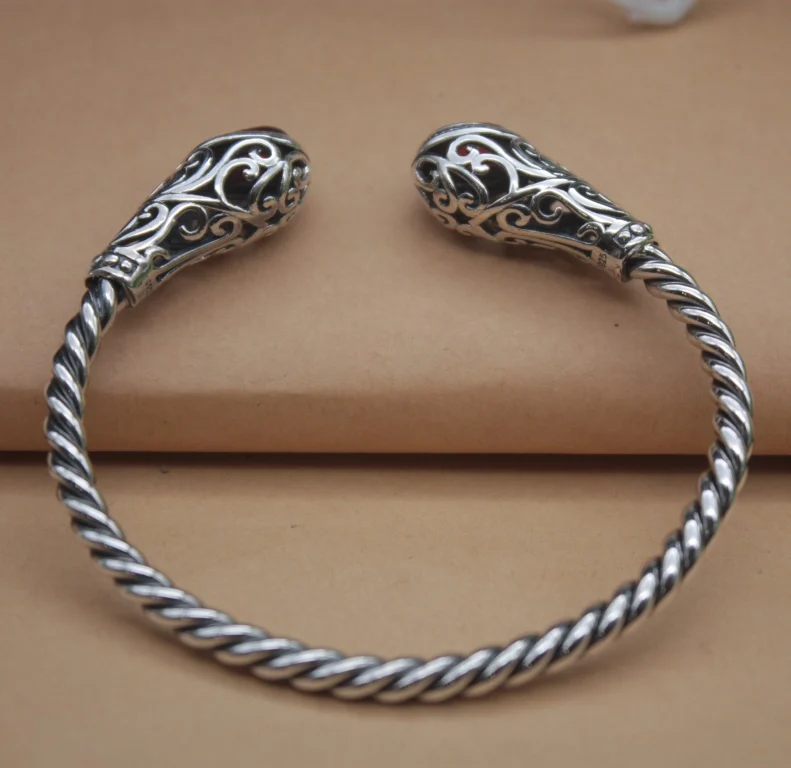 

Real S925 Silver & Red Garnet Bangle Pattern Retro Line Rope Women's 55-58mm Gift Fashion Friend Hot Sale