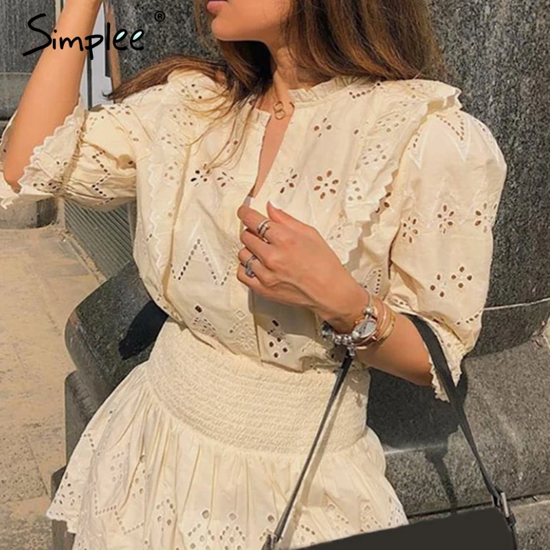 Женская кружевная блузка Simplee с вышивкой ажурные топы рюшами лето 2019 женские
