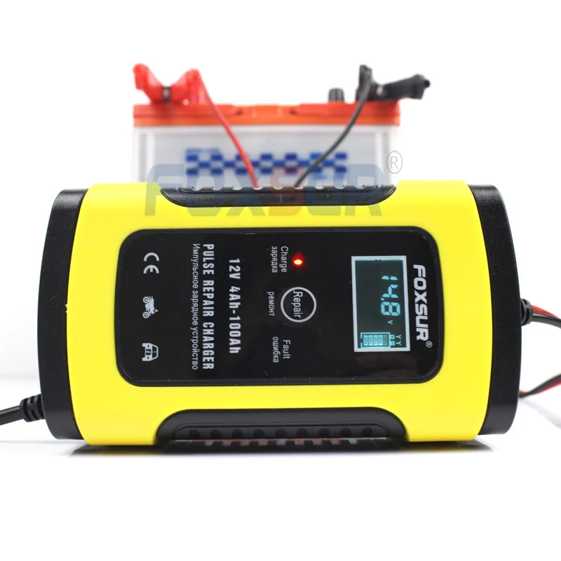 

FOXSUR 12V 5A Motorcycle Car Battery Charger Maintainer & Desulfator Smart Battery Charger, Pulse Repair Charger LCD Display
