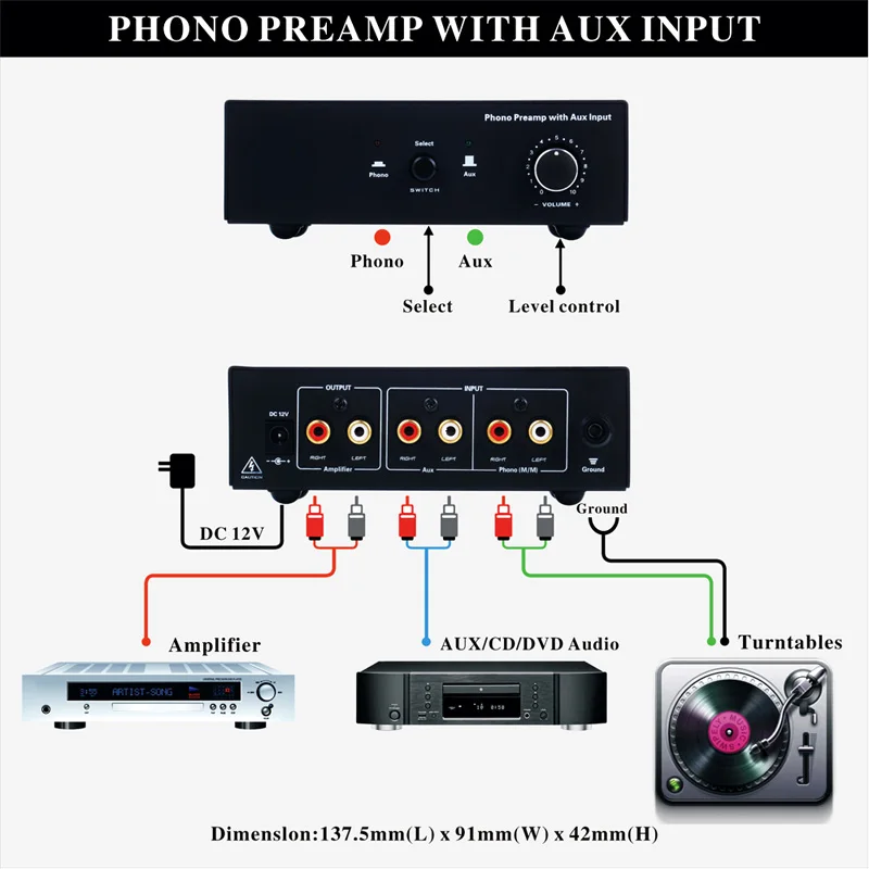 Phono Turntable Preamp Signal Amplifier Prephonograph with Auxiliary Input Volume Control XJ66 | Электроника