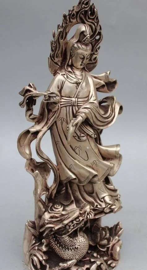 free shipping 17Chinese Silver Guanyin Kwan-yin Guan Yin Hold Vase On Lotus Dragon Sculpture | Дом и сад