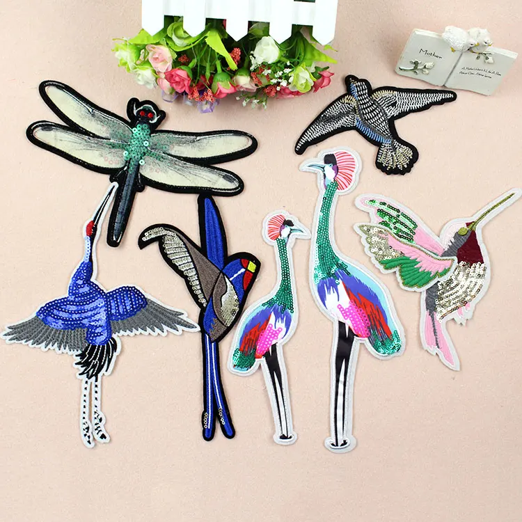 Новая мода птицы вышивка патч блёстки большой кран Одежда бутик Аппликация DIY
