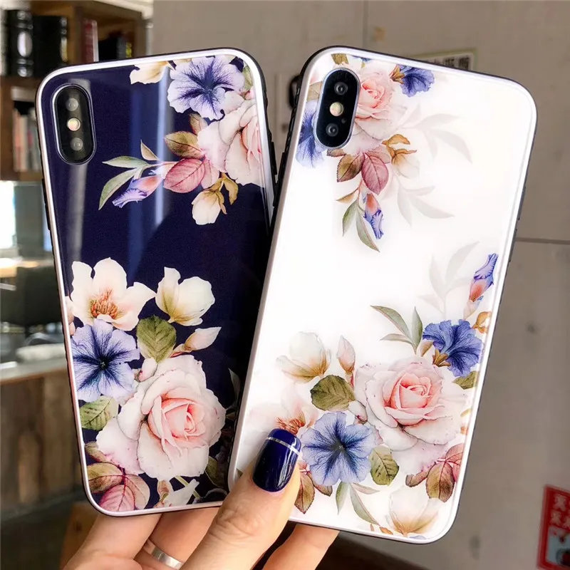 Закаленное Стекло чехол для iPhone X 8 7 плюс милые Цветочный принт защита телефона