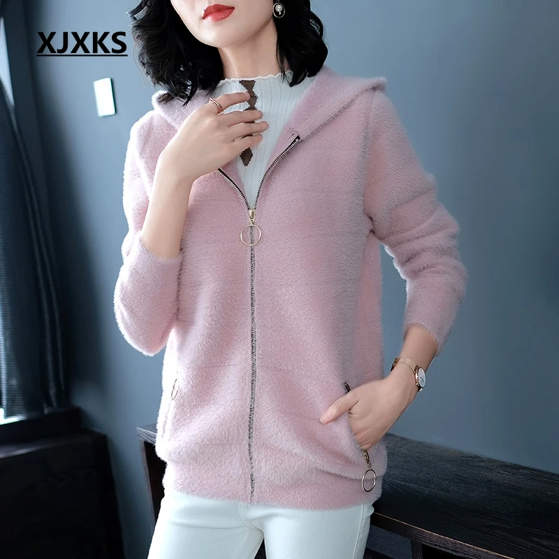 XJXKS Casaco Feminino осенняя куртка для женщин s Pcokets одежда Удобная Roupas Feminina пальто с капюшоном и куртки для женщин - Цвет: Розовый