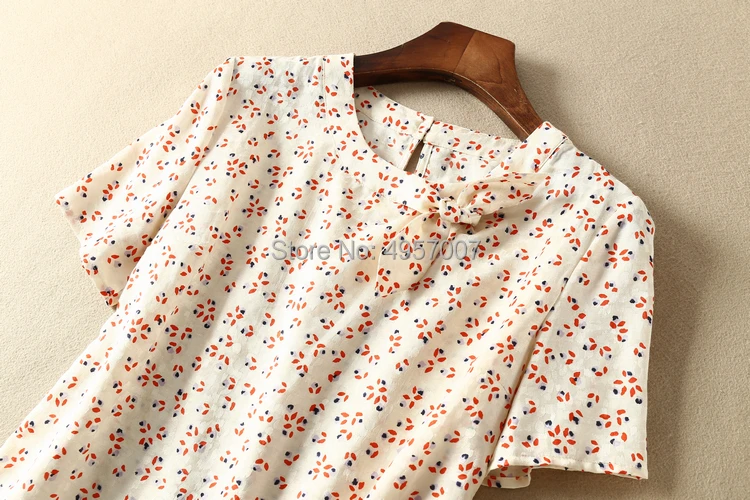 Женская блузка из шелка и хлопка повседневный модный топ с принтом сбоку бантом