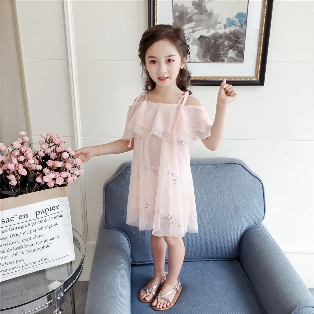Everweekend Ins Girls Party Sequin Tulle Western Fashion Ruffles Clothes Candy Pink Halter Off Shoulder New Summer Kids Dress | Детская
