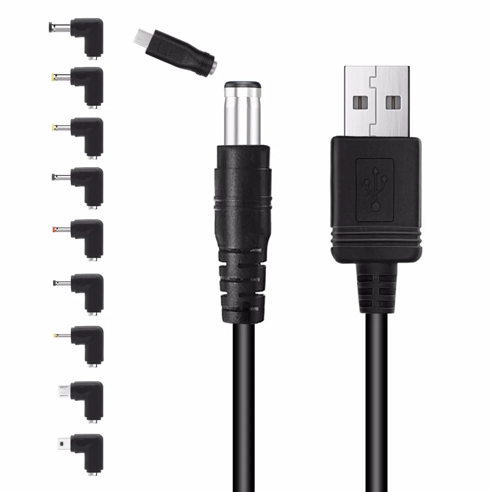 

Universal USB to DC 5.5x2.1mm plug power cord with 10 connectors for routers, mini fans, speakers, cameras, smartphones, etc.
