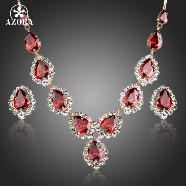 Подвеска и серьги гвоздики TG0149 с красным фианитом в форме капли воды|jewelry sets|set