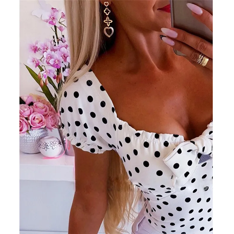 

New Fashion Womens Ladies Dot Casual Summer Short Petal Sleeve Print Cotton Blouses Tops V-Neck Red White
