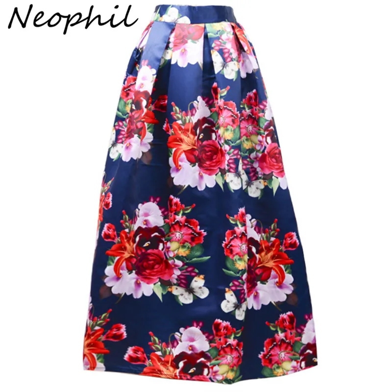 Neophil 100cm Maxi Skirts Long 2022 Summer Big Flower Floral Print High Waist Pleated Muslim Womens Black White Faldas MS07072