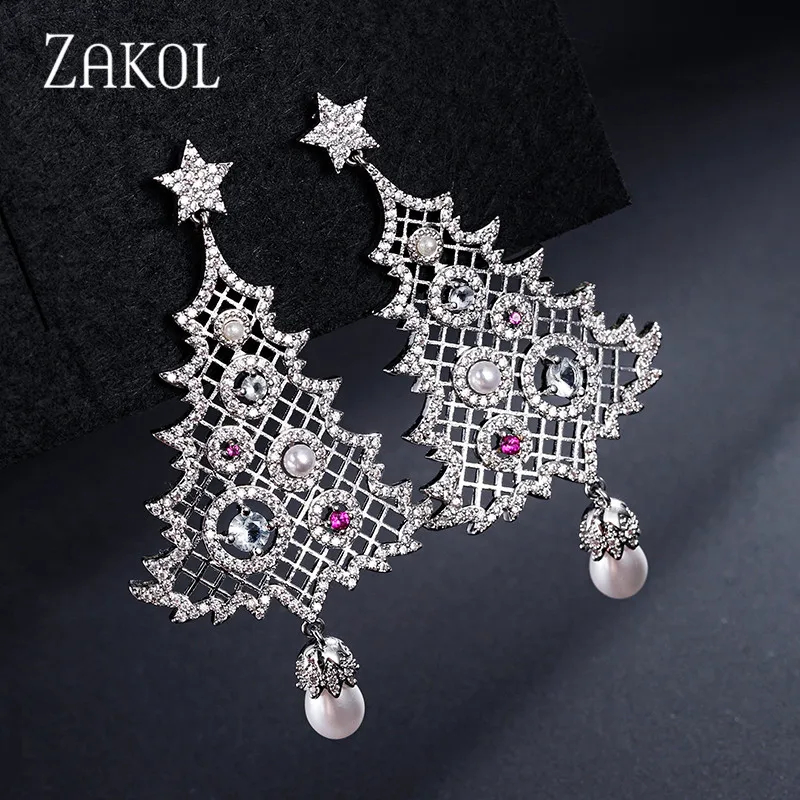 ZAKOL модные серьги с фианитом в форме рождественской елки большие капельки для