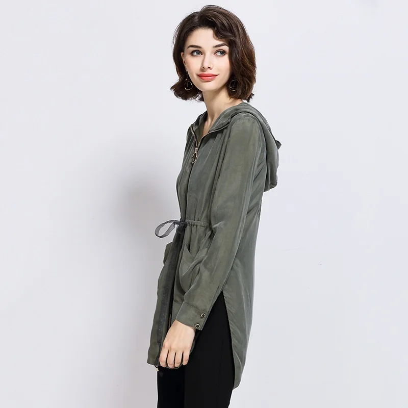 

Spring women's coat jacket copper ammonia silk printing long hooded trench coat dandelion pattern fashion casual zipper coats