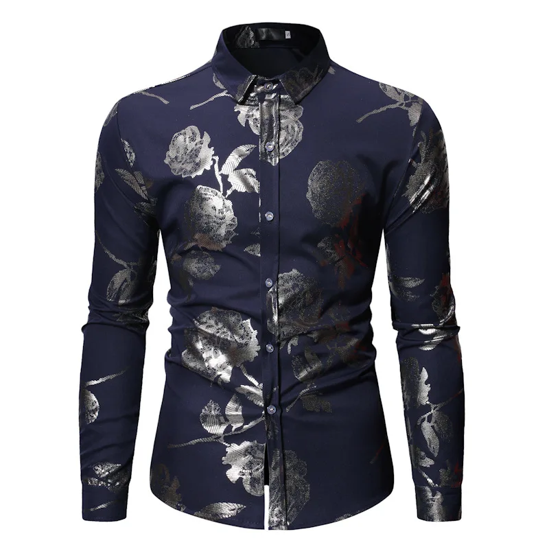 Мужские Блестящие Серебряные Роза фольга Slim Fit вечернее платье с длинным рукавом
