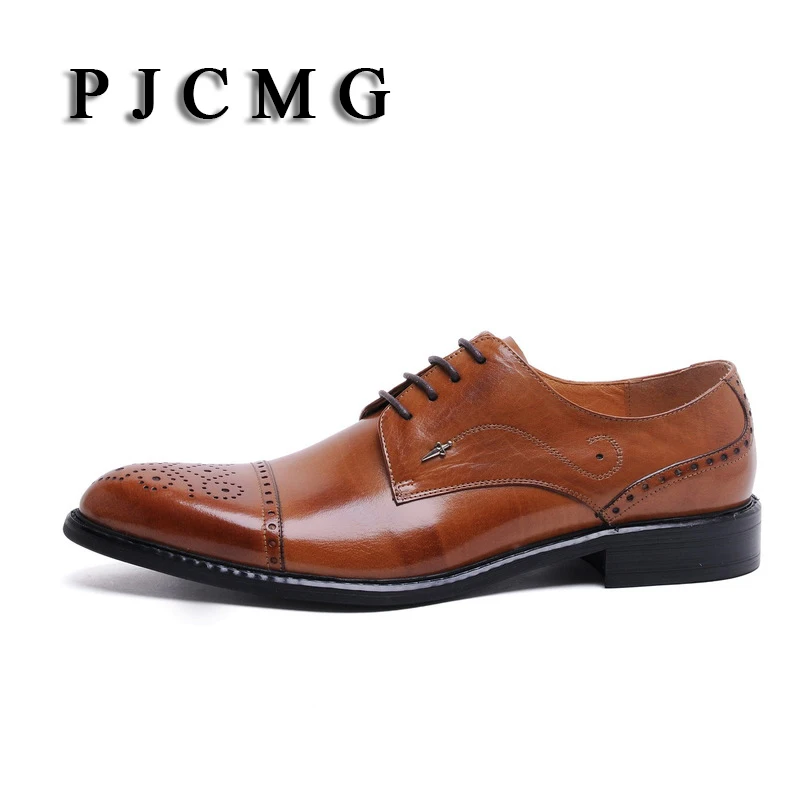 PJCMG New Fashion Men's Carved Genuine Leather Brogue Oxford Bullock Flats Vintage Lace Up Casual Business Gentle Dress Shoes | Обувь