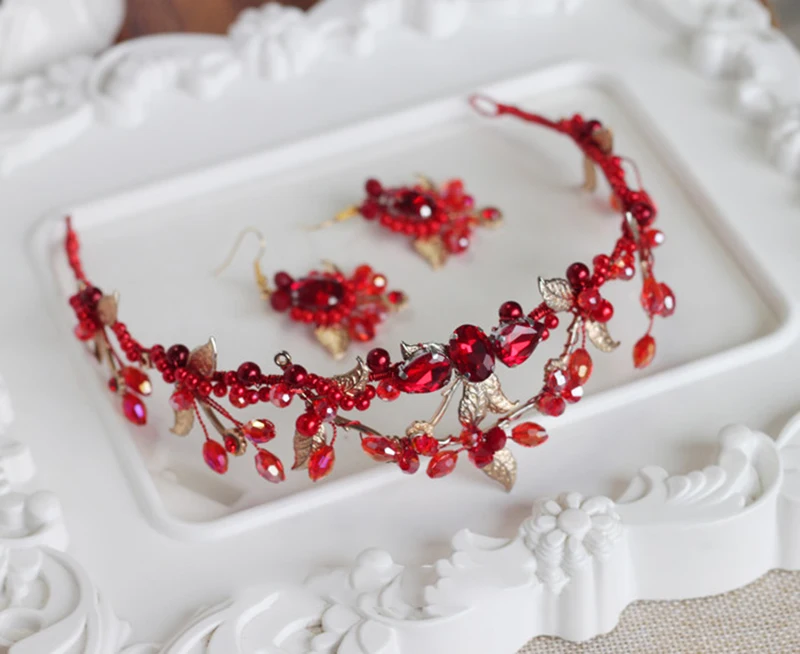 Ручная работа европейские ретро красные стразы бусины и лист свадебные волосы