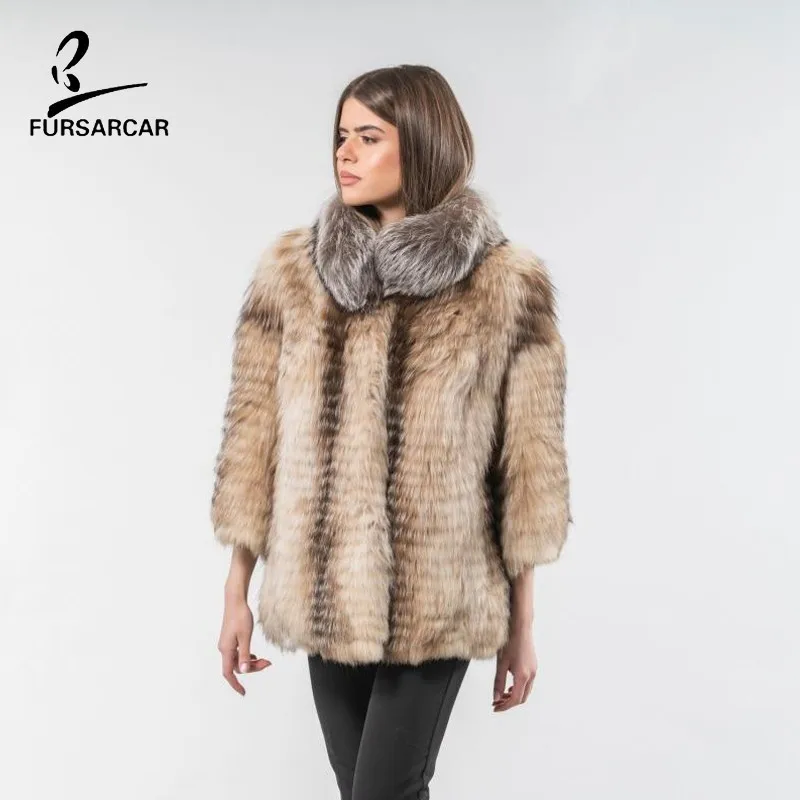Женское пальто из натурального меха лисы FURSARCAR зимнее в полоску с меховым