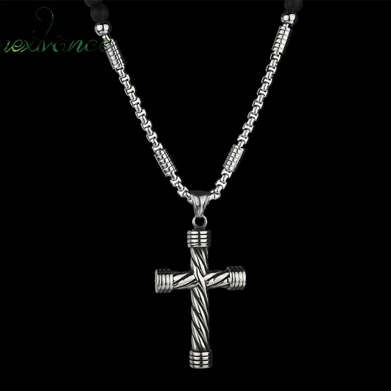 Nextvance четки из нержавеющей стали крест ожерелье и кулон Черный Камень Strand