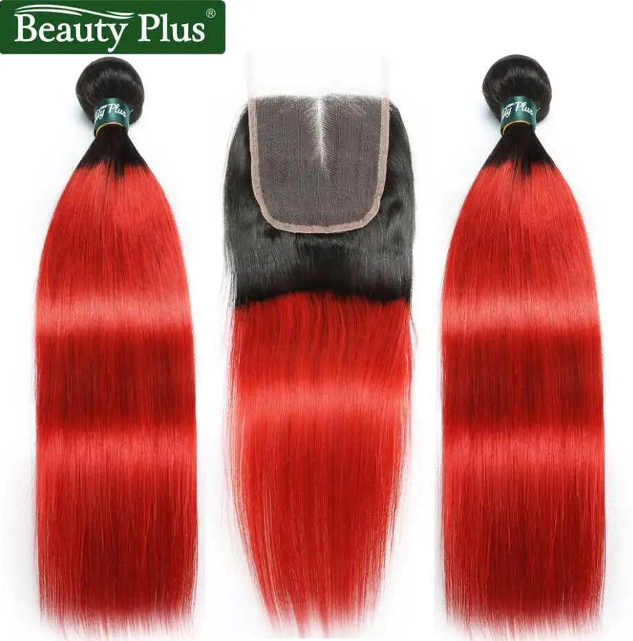 Ombre Bundles With Closure Peruvian Straight Human Hair Weave Beauty Plus Nonremy Blue Green Pink Blonde 2 Bundles With Closure - Цвет: 1B Red