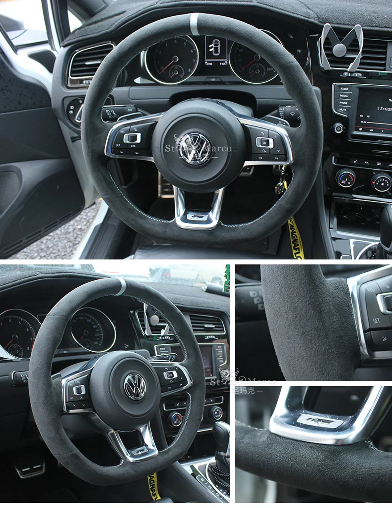 Черные замшевые кожаный чехол рулевого колеса автомобиля для Volkswagen Golf 7 R MK7 VW Polo GTI