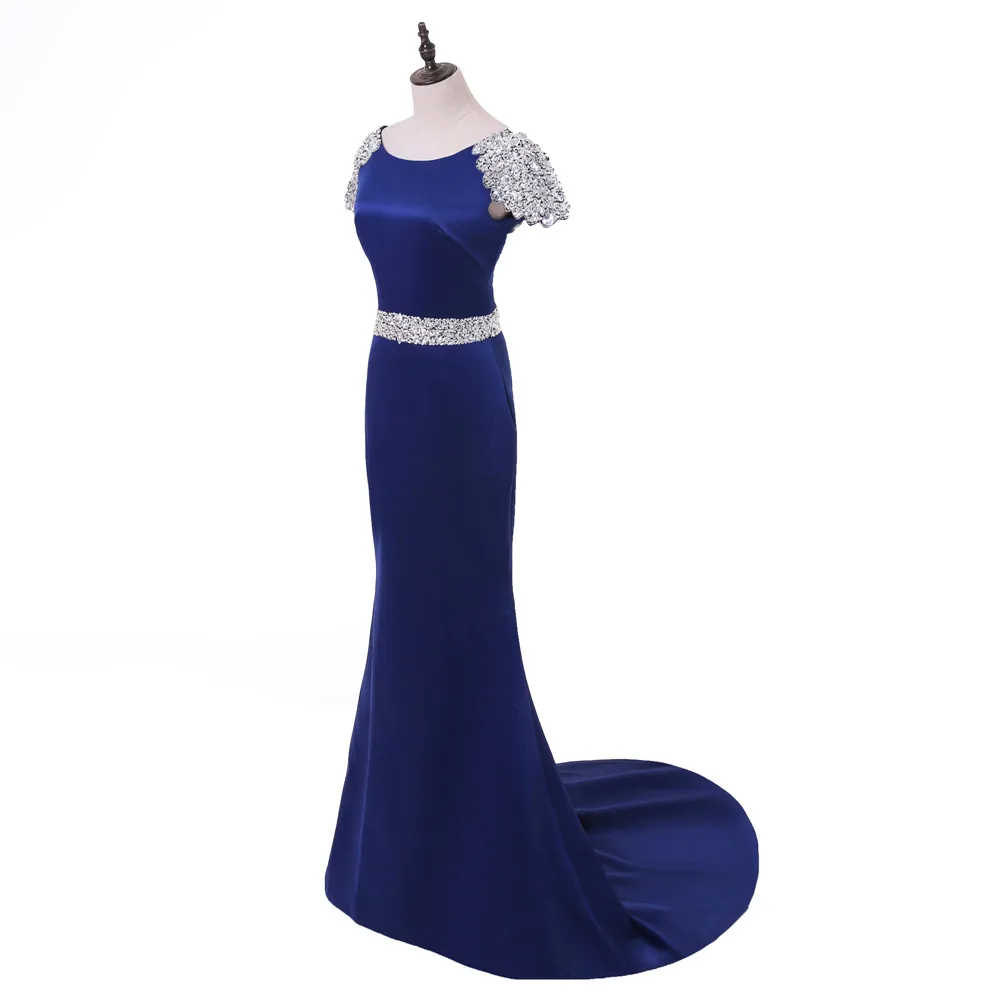 Royal Blue Evening Dresses Mermaid Cap Sleeves Crystals Backless Long Gown Prom Dress Robe De Soiree | Свадьбы и торжества