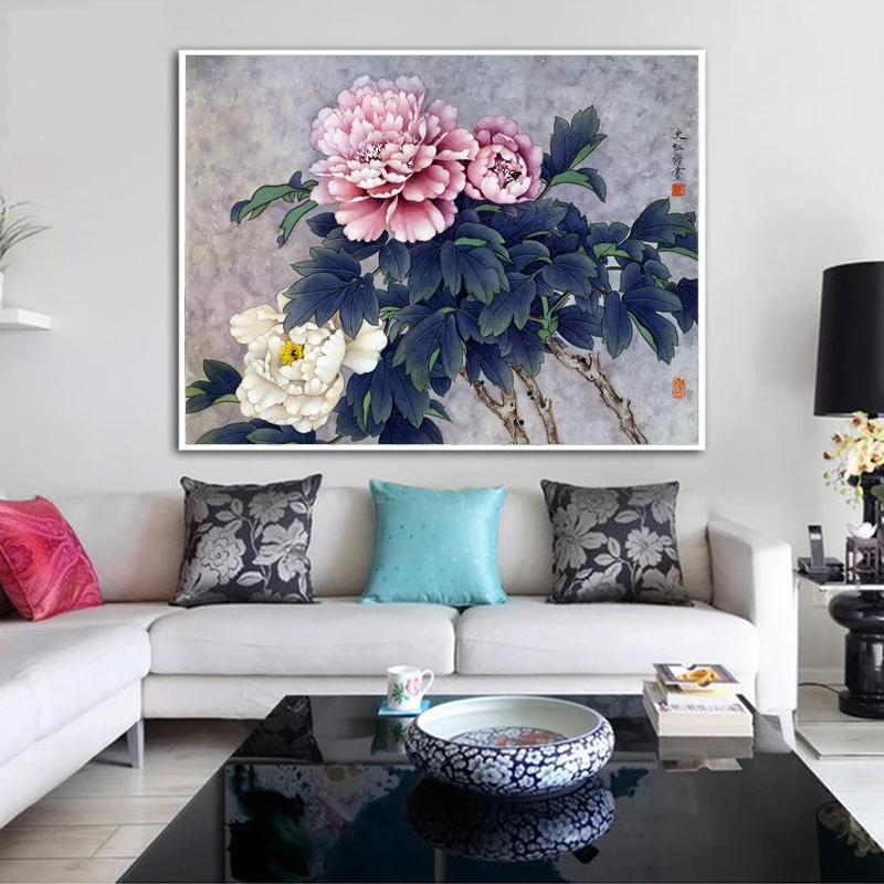 Пейзаж в китайском стиле с розовыми и белыми пионами печать на холсте картина