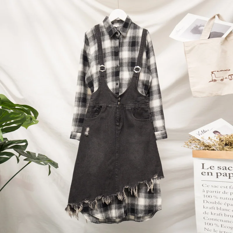 Женский комплект из 2 предметов хлопковая длинная рубашка в клетку джинсовый