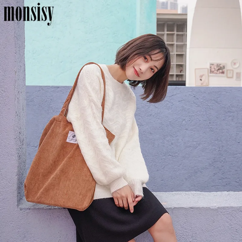 Monsisy Women Shopping Bag Girls Corduroy Shoulder Heavy Duty Female Solid Big Capacity Beach/Travel Ladies Folding | Багаж и сумки