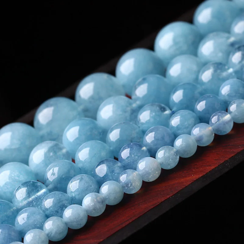 

4-14mm Natural Blue Aquamarines Stone Beads Round Spacer Loose DIY Beads For Jewelry Making beads Accessories 15'' Women Gift