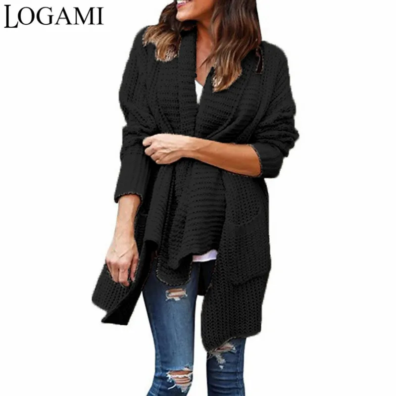 Женский кардиган с отложным воротником LOGAMI вязаный длинным рукавом длинный