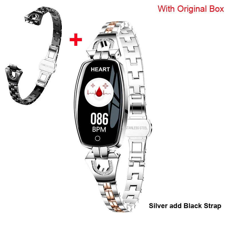 siver ad black strap H8 женские Смарт-часы модные пульсометр кровяное давление смарт-браслет IP67 Водонепроницаемый фитнес-трекер женский браслет - Цвет: siver ad black strap