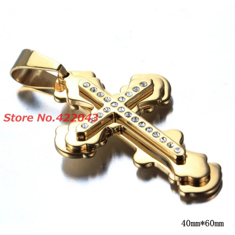 

Wholesale\ Retail! Charming New Punk Mens Jewelry Stainless Steel Gold color Cross CZ Pendant Necklace With 23.6" 3mm Chain