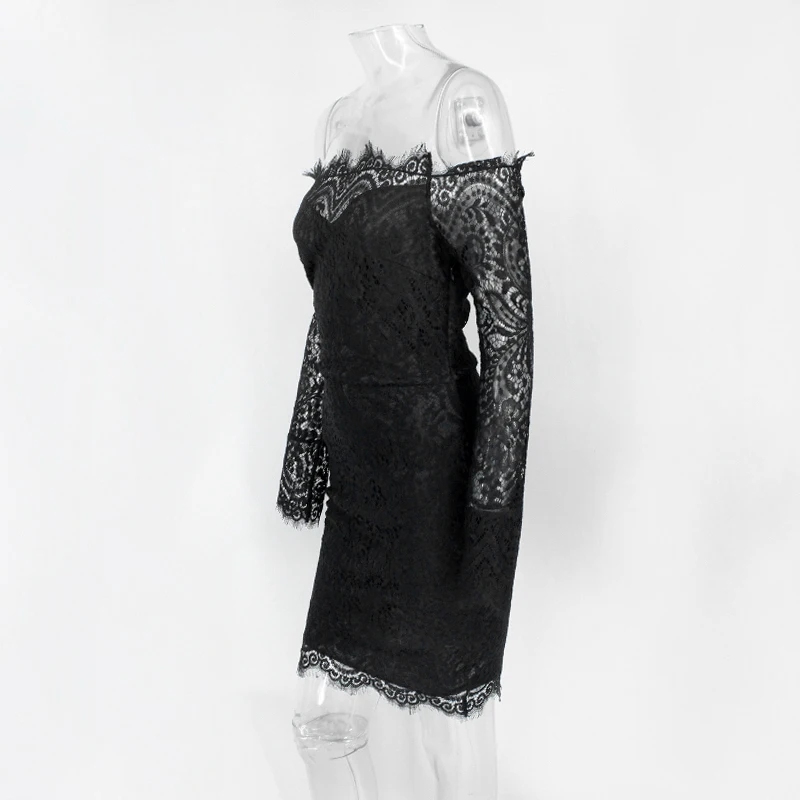 DRESSMECB Winter Lace Slash Neck Off Shoulder Mini Dress Autumn Party Dress Vestidos Women Evening Long Sleeve Vintage Dresses