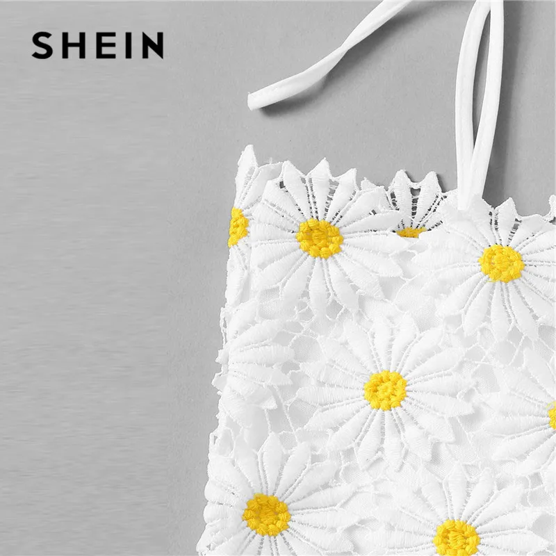 SHEIN женский белый укороченный топ с вышивкой на плече и узлом, женский пляжный отдых, Boho, милый облегающий летний топ на бретельках, сексуальный топ