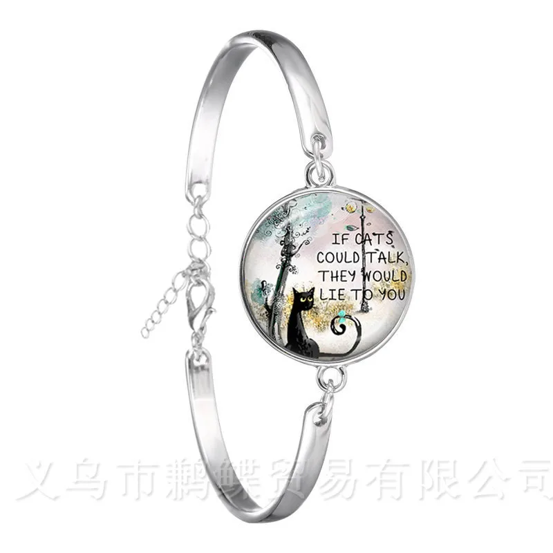 Классический браслет со стеклянным кабошоном в виде кота 2018 серебряное покрытие
