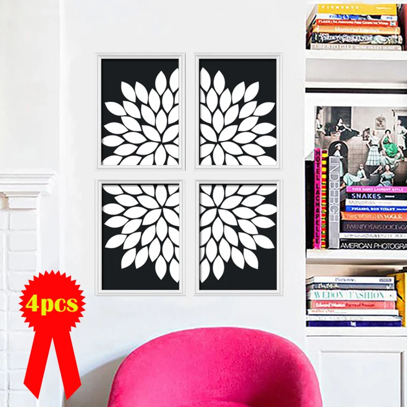 Набор из 4 черно-белых настенных художественных лепестков цветов Настенная