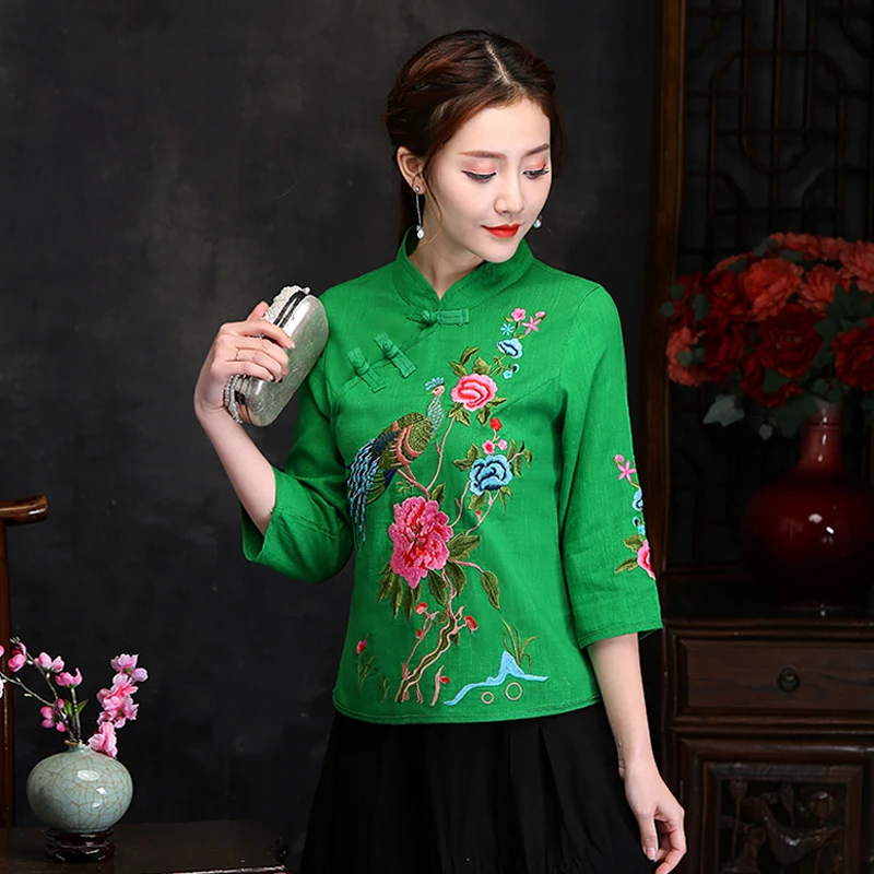 Женские китайские топы с вышивкой Hanfu винтажная рубашка этническая литературная