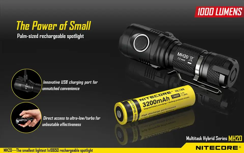 Хит продаж Nitecore MH20 CREE XM-L2 U2 светодиодный перезаряжаемый usb-фонарик размером с
