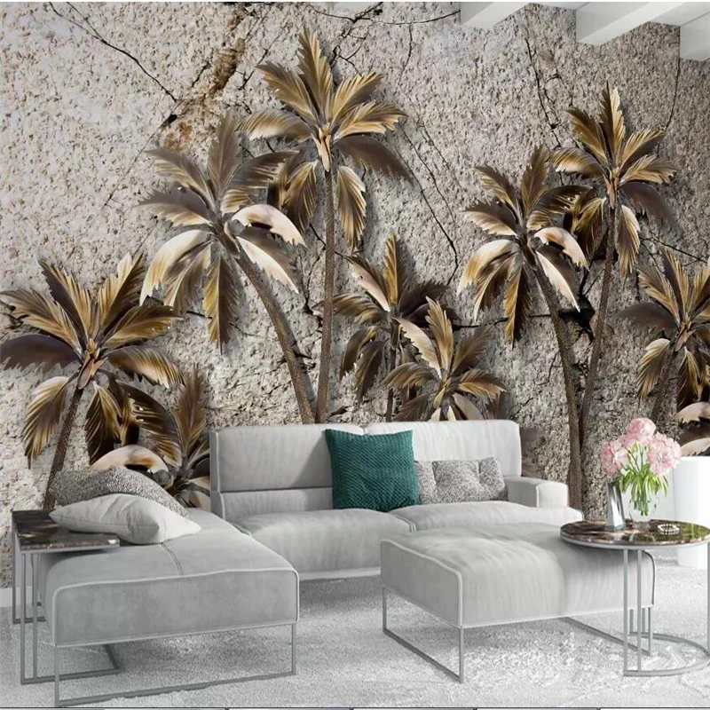 

wellyu Modern minimalist marbled golden coconut tree European background wall painting custom large mural green wallpaper