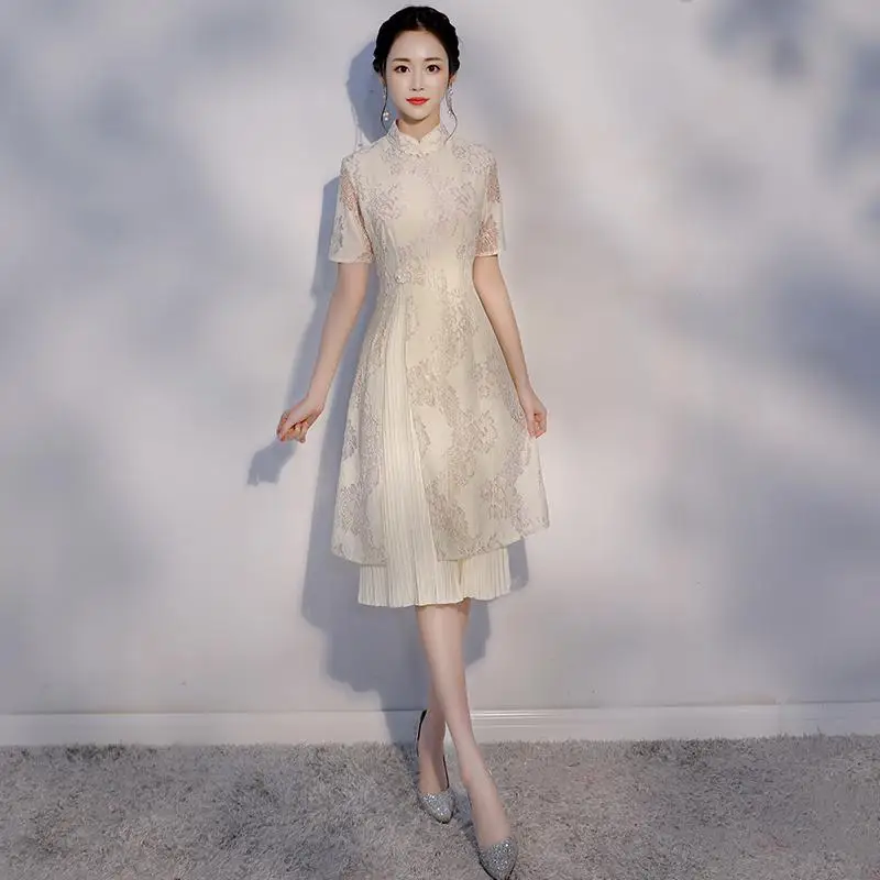 Весна до колена Cheongsam Китайский Стиль Мандарин воротник платье Новинка женские летние кружевные Qipao тонкие Вечерние платья Vestido - Цвет: Light Yellow