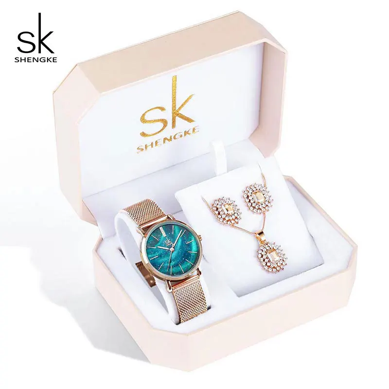 K0103 Green set Shengke креативный Кристалл ювелирный набор женские кварцевые часы, Рождественский подарок коробка для женщин часы розовый золотистый браслет со стразами ювелирный набор - Цвет: K0103 Green set