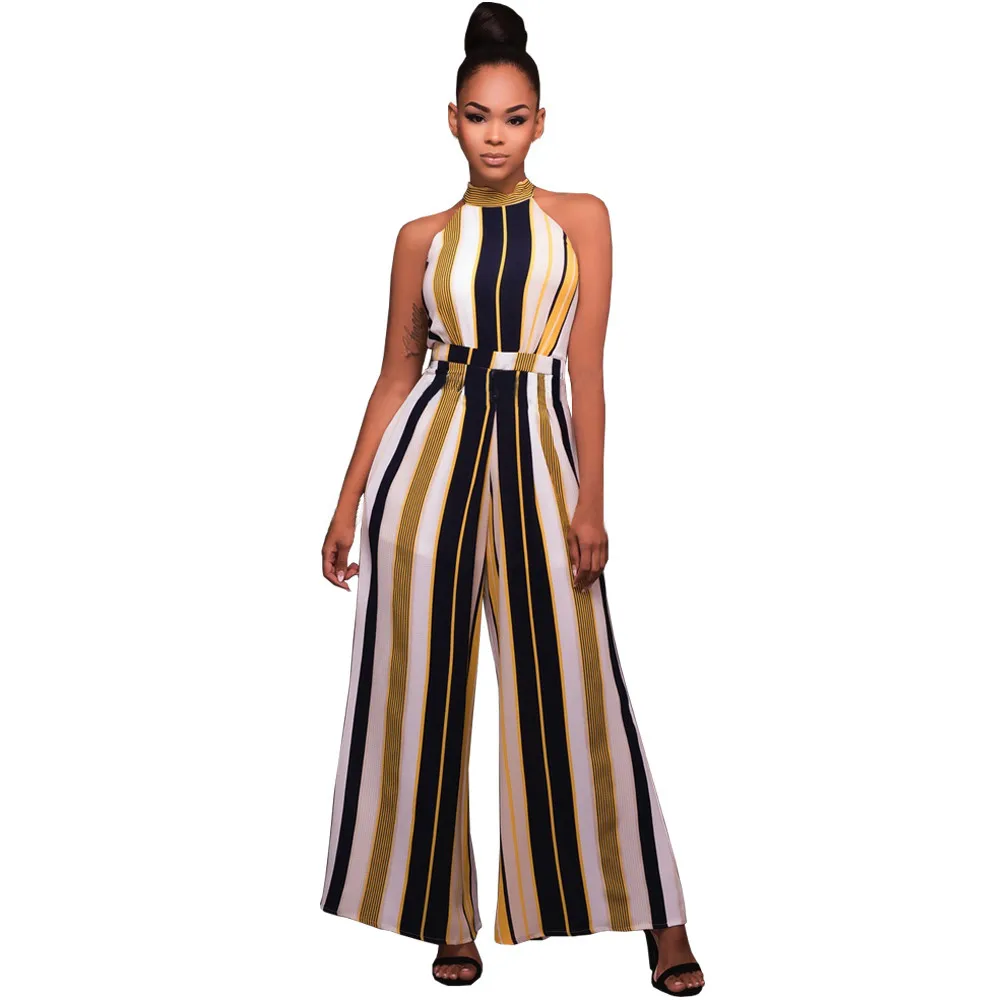Free Ostrich European Style Summer design Brand Women Sleeveless Turtleneck Stripes High Waist Flared Jumpsuits Rompers D1235