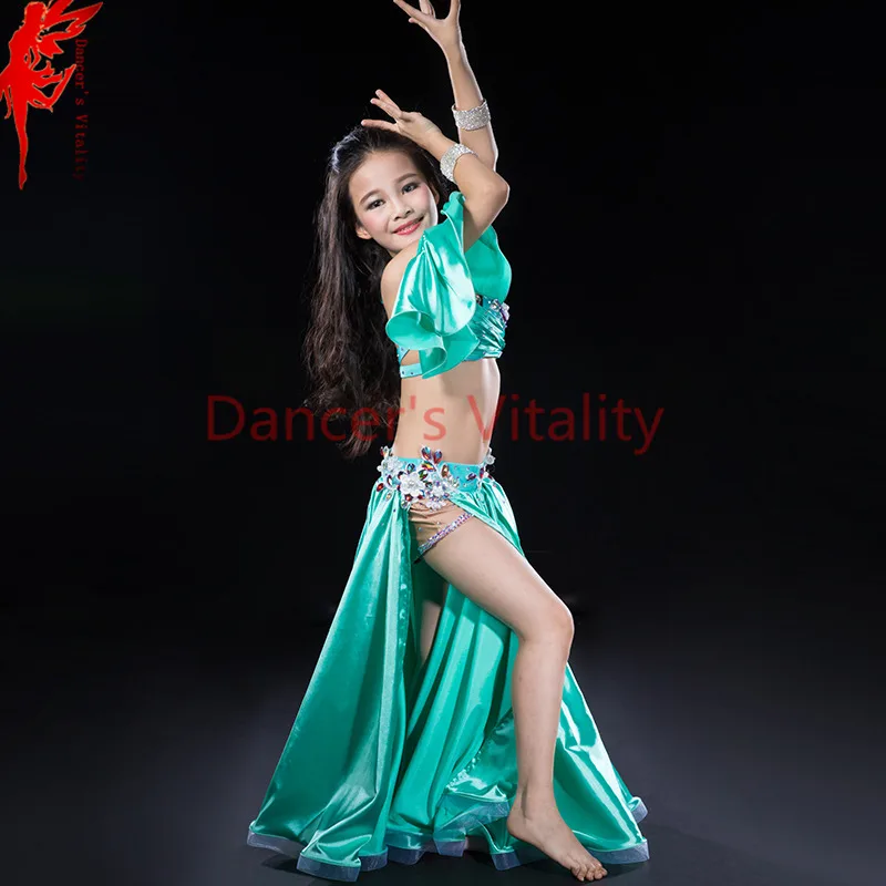 luxury silk dress handmade beaded belly dance costume girl 3 piece set for children internship performance skirt red royal blue |