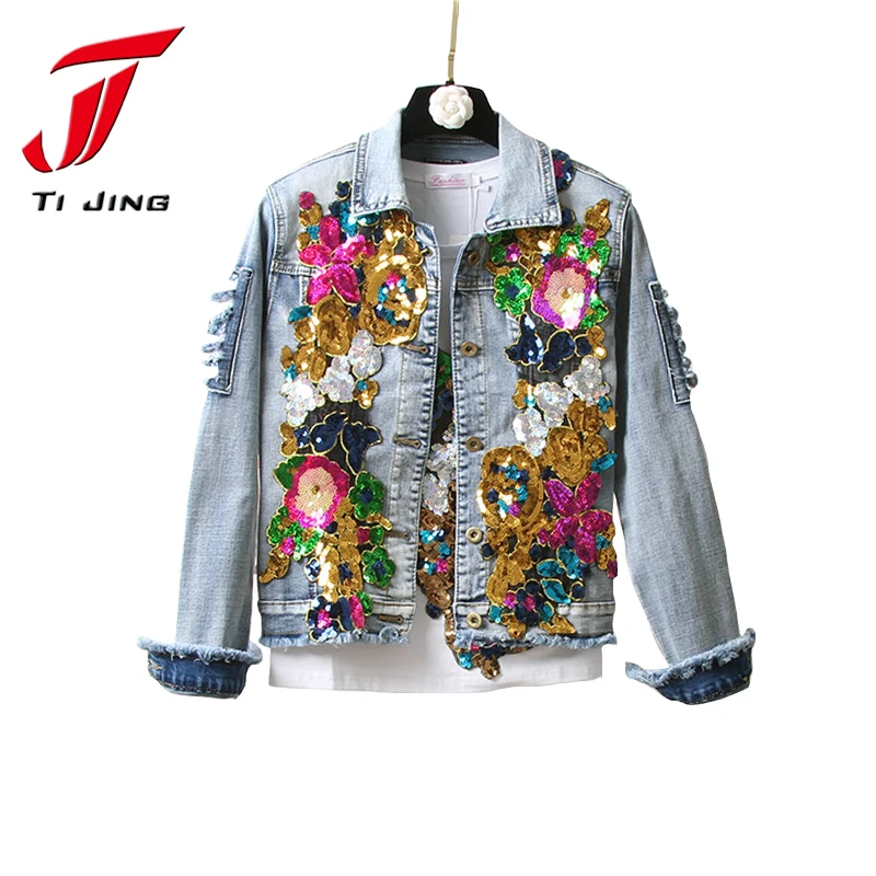 

2019 denim jackets for women vintage ripped romantic show jeans sequined floral autumn jacket basic coat woman , Z354