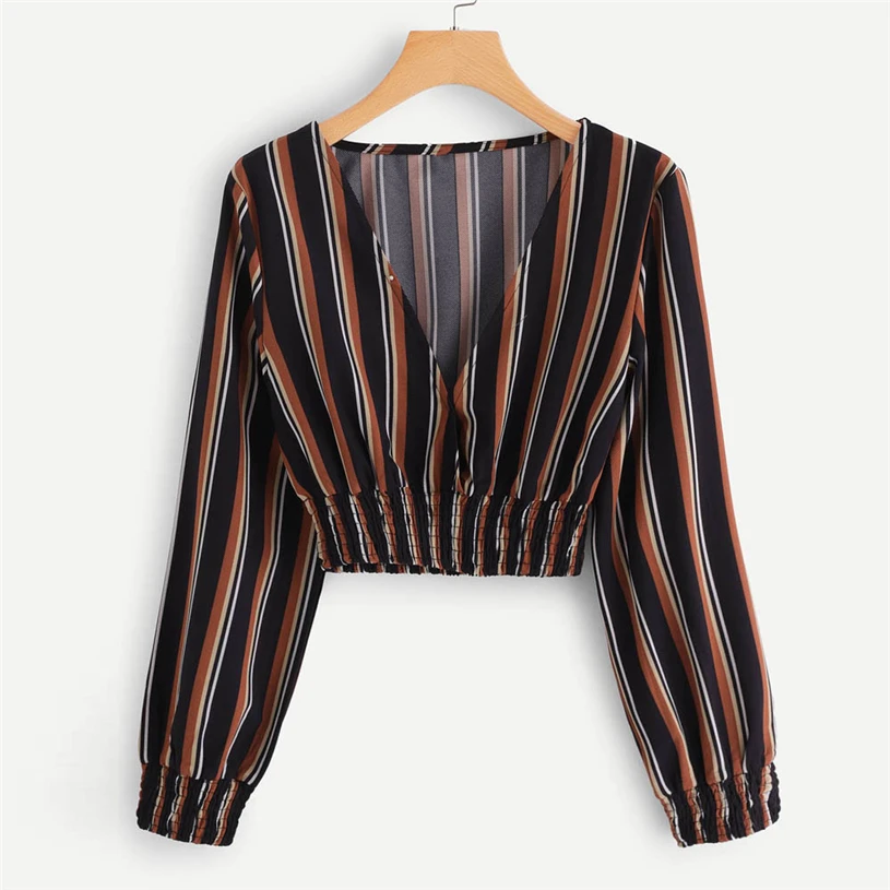 Женская Осенняя мода с v образным вырезом vetement poleras de mujer moda Топы в полоску