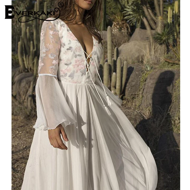 Everkaki богемное Макси-платье для женщин с расклешенным рукавом и бахромой