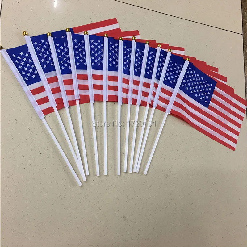 

World National Flag 14*21cm USA Hand - shake the flag 12pcs/bag with plastic flagpole Polyester Printing banner